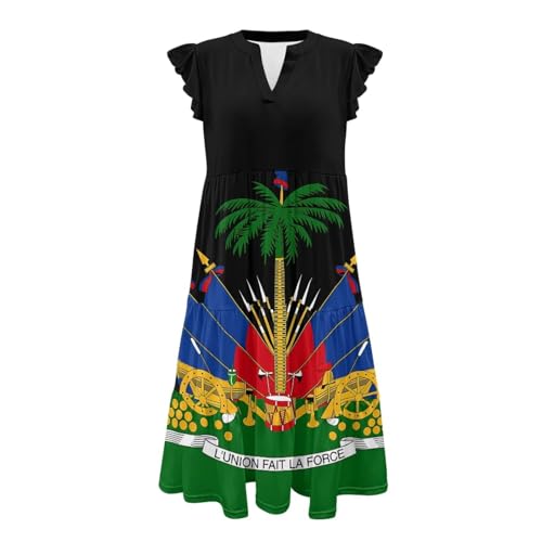 Image of Womens Summer Dress Ruffle Sleeve V Neck Dress Casual Fit Flowy Beach Vacation Sundress with Pocket S-2XL