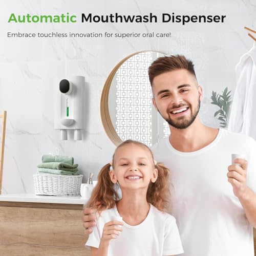 Image of Oylik Automatic Mouthwash Dispenser 18.26 oz Touchless Mouthwash Dispenser for Bathroom 2 Magnetic Cup USB Rechargeable and 3 Dispensing Levels with Led Screen Wall-Mounted or Countertop Use-White