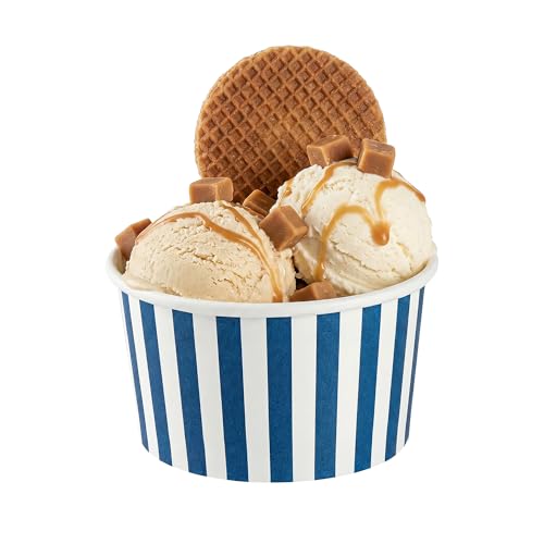 Image of Restaurantware Coppetta 12 Ounce Dessert Cups, 50 Disposable Ice Cream Cups - Lids Sold Separately, Sturdy, Blue And White Paper FroYo Bowls, Striped, For Hot And Cold Foods, Perfect For Gelato