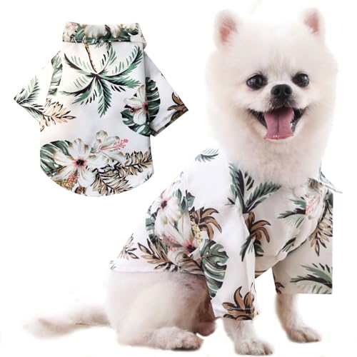 Voarge Polo para Mascotas, Camisa Floral de Estilo Hawaiano para Perros, Camisetas Estampadas, Elegante y Transpirable Camiseta de Verano para Perros pequeños a medianos, Gatos (Blanco Coco, L)