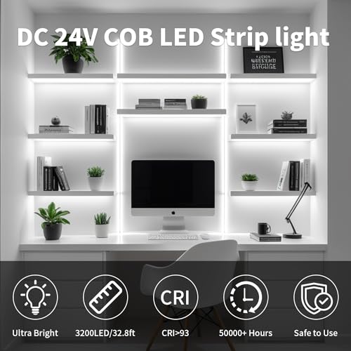 ShineBurky 10M COB LED Strip Lights, White 6000K Super Bright Tape Lights with Plug - Image 2