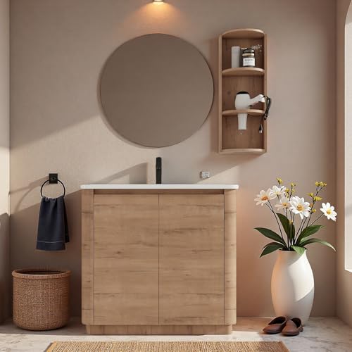 Image of 36 inch Bathroom Vanity with Ceramic Sink, Freestanding Bathroom Vanity with 2-Soft-Close Door, Semicircle Storage Rack & Inside Adjustable Shelves for Home, Farmhouse Floor Mount Vanity, Oak