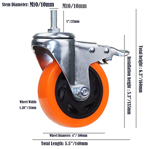 Image of Heavy Duty Stem Caster Wheels M10-1.5X25mm Dual Locking No Noise PVC Threaded Stem Caster Wheels Pack of 4 for Workbench, Dolly, Furniture (4 Inch, Orange)