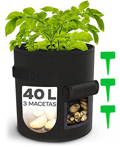 Bolsa de Cultivo para Plantas 40L - 3 Bolsas para Plantar Patatas y Vegetales - Resistente a la Lluvia - con Ventana de Velcro y Etiquetas de Plantas - Lavables y Plegables