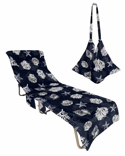 Navy Blue Coastal Beach Lounge Chair Towel Cover, Soft Chaise Lounge Towel with Side Pockets Patio Pool Chairs Cover for Beach/Pool Sunbathing 29x85 Nautical Ocean Beach Coral Shell
