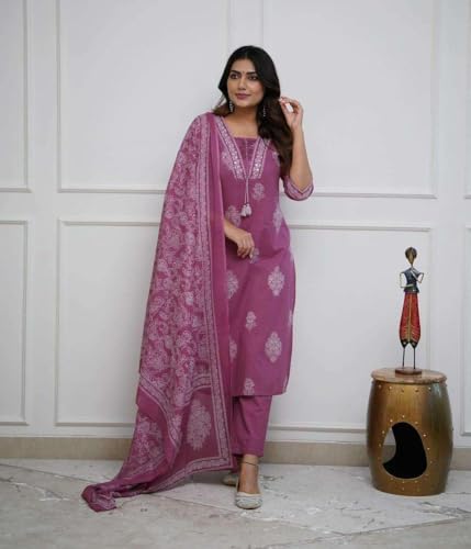 Image of DR DIGITAL Women's Cotton Printed Straight Kurti with pant and Dupatta Set