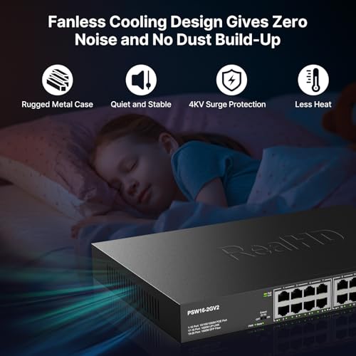 Image of 16 Port Full Gigabit PoE Switch with 2 *Gigabit SFP Ports & RJ45 Ports, Unmanaged Plug and Play, High Power Total Budget 300W, 802.3af /at Compliant, Fanless & Slience, Metal Housing, Rack Mount