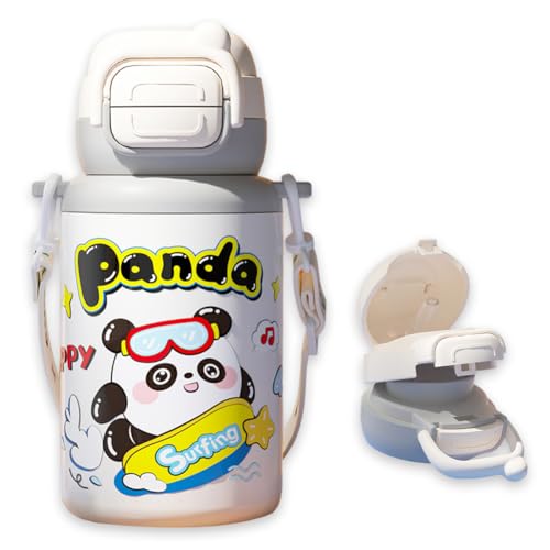 Panda Botella Agua, 500ML Botella Agua Acero Inoxidable Cantimplora Infantil Botellas Aguas Térmica con Pajita Cantimplora Prueba de Fugas Mantiene Frio Calor para Deportiva Escuela