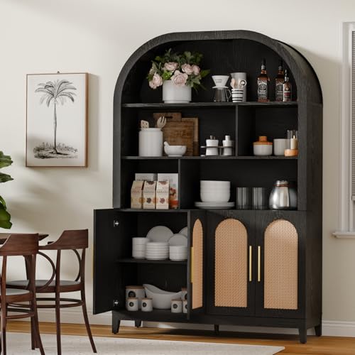 Image of 71 inch Arched Tall Wood Storage Cabinet - 5-Tier Rattan Door Pantry Organizer with Divider Shelf & Gold Handles, Versatile Bookcase for Living Room & Kitchen, Jet Black