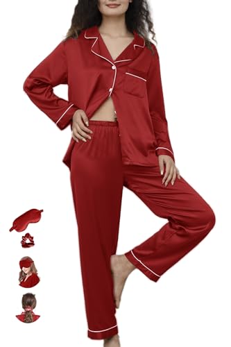 Womens Pajama Set Silk Satin Pajamas Long 2pc Pjs Button Down Sleepwear Pj Set Loungewear2