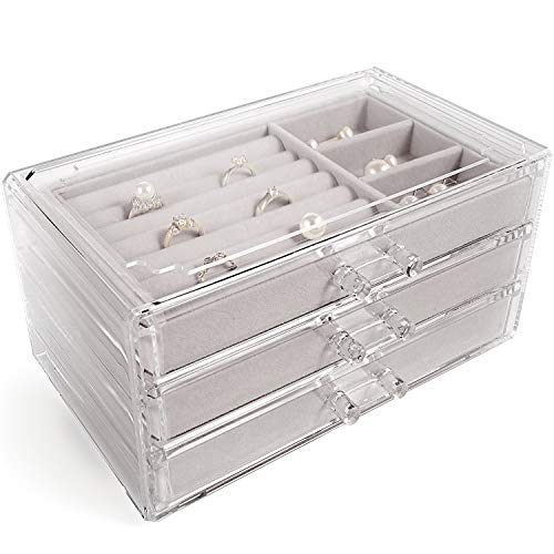 V-HANVER Jewelry Boxes for Women with 3 Drawers, Velvet Jewelry Organizer for Earring Bangle Bracelet Necklace and Rings Storage & Grey