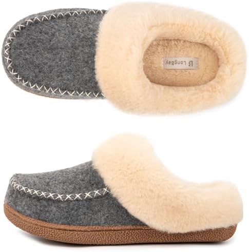 LongBay Women’s Moccasin Slippers Faux Wool Felt Slip-On Bedroom Clog Comfy Memory Foam Indoor Outdoor House Shoes with Fuzzy Collar