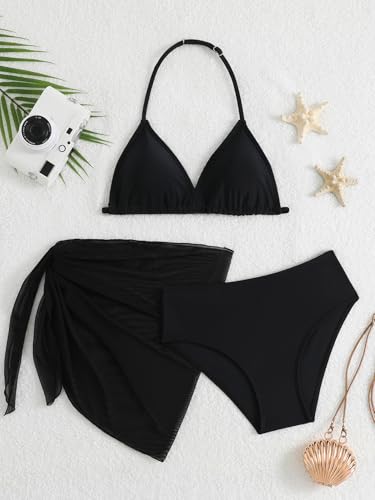 Image of SEGT Girl's 3 Piece Striped Bikini Swimwear Cute Swimsuits Bathing Suit High Waisted with Cover Up Beach Skirt