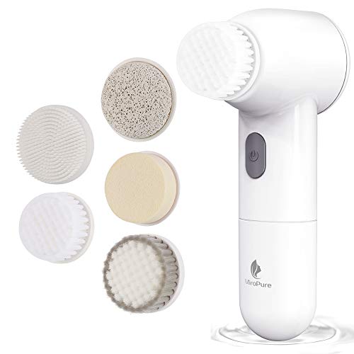 Facial Cleansing Brush, Ｗaterproof Face Brush with 5 Brush Heads，Rotating Deep Cleansing (White)
