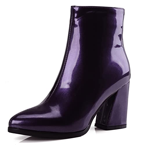 MJIASIAWA Mujer Puntiagudo Invierno Warm Botines Chelsea Tacón Ancho Piel Lined Boda Vestido Zapatos Moda Botines Fiesta Morado Talla 33 Eu