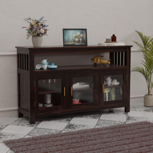 Image of Solid Sheesham Wood Sideboard for Living Room with Glass Doors | 3-Door Storage Unit & Open Display Shelf | Buffet Cabinet for Dining Room, Entryway & Hallway | Walnut Finish | 140 x 40 x 82 cm