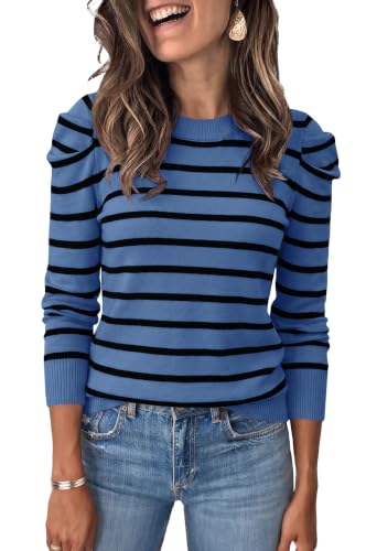 Womens Striped Trendy Sweaters Puff Long Sleeve Knit Lightweight Pullover