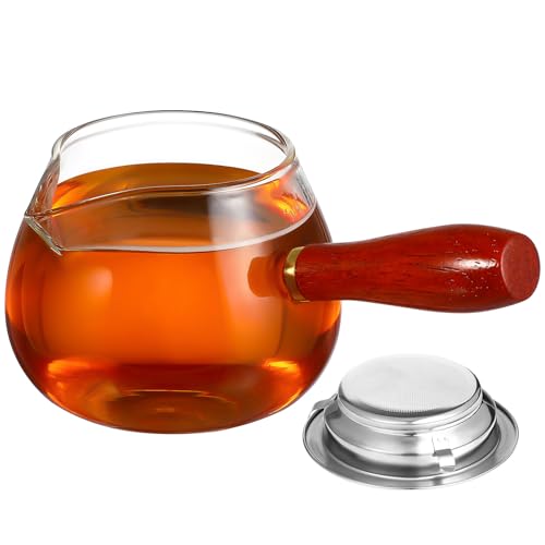 DIYEAH Jarra de Vidrio Transparente con Mango de Madera Lateral, Tetera de Hierba Pequeña con Colador Integrado para Té E Infusiones, Dispensador de Tazas para Hogar y Oficina, Accesorio