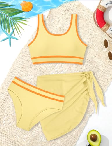 Image of Girls Swimsuit Double Strap High Waist Sporty Bikini Swimsuits Swim Cover Up Skirt 3 Piece Set