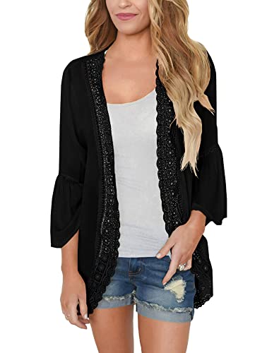 PRETTODAY Women's Lace Chiffon Cardigan Loose Kimono Blouse Top (Large, Black)