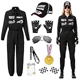 Rennfahrer Kostüm Damen, Rennfahrer Anzug Damen Jumpsuit Overall mit Handschuhe, Hüte, Sonnenbrille, Rennfahrer Rollenspiel Kostüm Outfits, Racing Kostüm für Erwachsene Karneval Cosplay Halloween