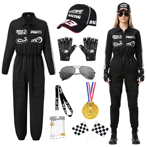 COYBTO Déguisement de Pilote de Course pour Femme, Combinaison Intégrale avec Gants, Casquette et Lunettes de Soleil, Déguisement de Course pour Adulte, Jeu de Rôle Carnaval Cosplay Fête Halloween