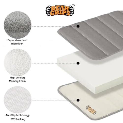 Image of BEAR GRIPS Memory Foam Bathroom Door Mat, Non-Slip, Anti Skid, Ultra Soft, Super Water Absorption, Thick and Easy to Dry (Size: 45 X 70 cm, Color: Light Grey) - Pack of 2