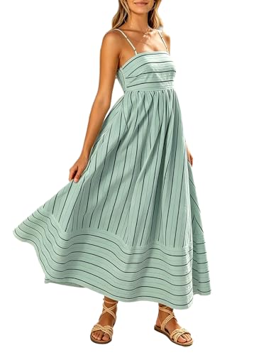 Image of utcoco Womens Summer Striped Back Smocked Maxi Sundresses Spaghetti Strap Cut Out Flowy Swing A Line Long Dress