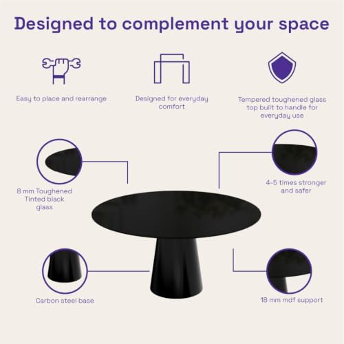 Image of Wakefit Santol Dining Table - 6 Seater I Round Toughned Tinted Glass | Black