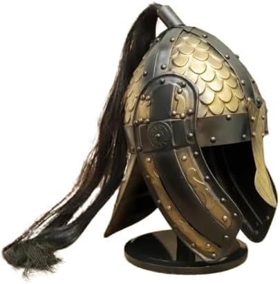 Viking Dragon Scale Helmet 18G Steel Black Gold Horsehair Plume LARP Cosplay