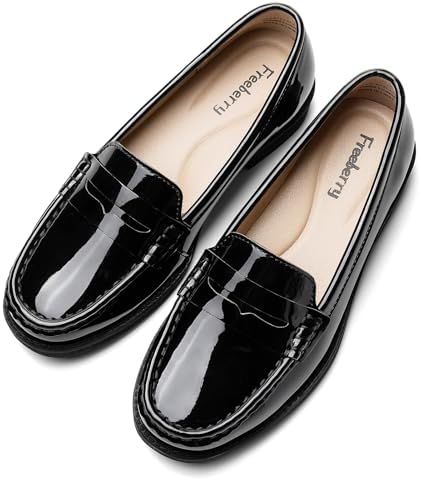 Freeberry Women's Comfortable Leather Penny Loafers Slip On Business Casual Dress Shoes Lightweight Office Work Flats Everyday Walking Shoes for Women, Black Patent, 7.5 M US — view 8