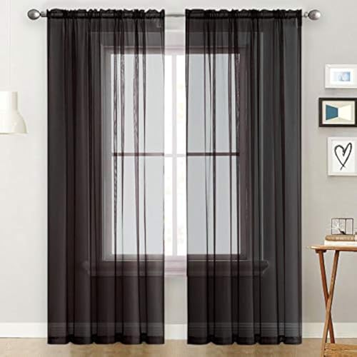 SpaceDresser Basic Rod Pocket Sheer Voile Window Curtain Panels White 1 Pair 2 Panels 38 Width 84 Inch Long for Kitchen Bedroom Children Living Room Yard(Black,38 W x 84 L)