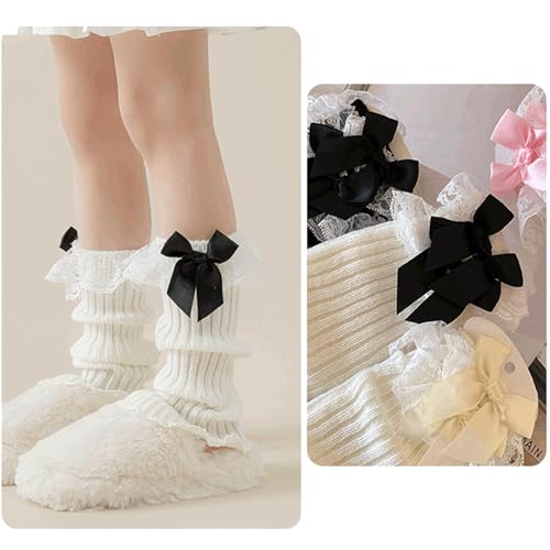 NOLOWY Handgefertigte gehäkelte Beinstulpen mit Spitze und Schleife für kleine Mädchen, lässige Socken, atmungsaktiv, warme Leggings, süße Beinbedeckungen