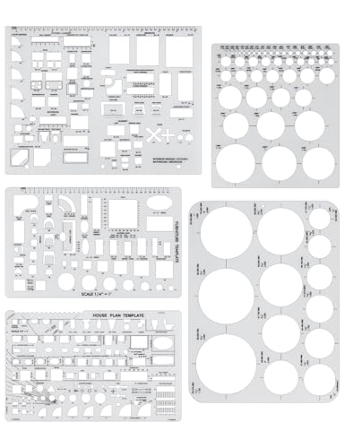 Gaueneen 5 Pcs Architectural Templates: Circle, House Plan, Interior Design &Amp; Furniture Templates, Drafting Tools &Amp; Ruler Shapes For Architecture