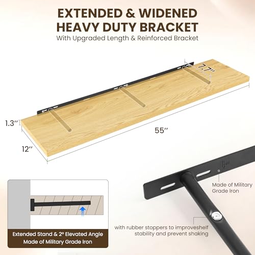 Image of Dreamland 55 inch Floating Shelves for Wall, 12 inch Deep Slim Oak Floating Shelves, Wall-Mounted Shelves for Bedroom, Living Room, Kitchen, Bathroom - Set of 2