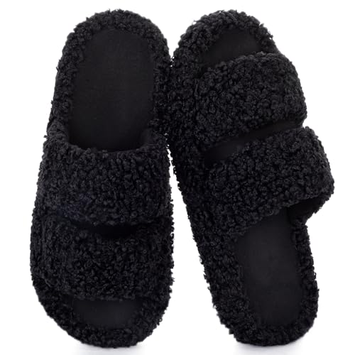 Image of RockDove Women's Pluffie Open Toe Slippers | Arch Support & Memory Foam, Cozy Faux Fur, Gift-Ready Design, Indoor & Outdoor Comfort