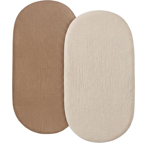 Image of 2 Pack Muslin Bassinet Sheets, 100% Cotton, Breathable & Soft (Brown＆Beige) | Compatible with Dream On Me Bassinet