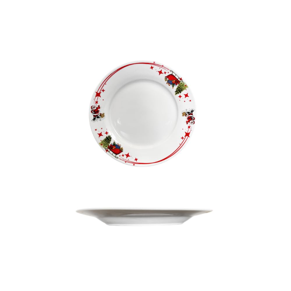 Servizio Piatti Natalizio Per 6 Persone Composto Da 18 Piatti Di Cui 6 Piani, 6 Fondi, 6 Dessert, In Porcellana Bianca Dal Decoro Natalizio Con Slitte, Regali, Stelle E Babbi Natale