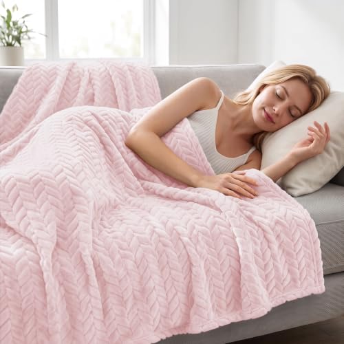 Image of Exclusivo Mezcla Fleece Throw Blanket for Couch Sofa, Light Pink Soft Plush Blanket, Lightweight Flannel Throws for All Seasons, 50x70 Inches