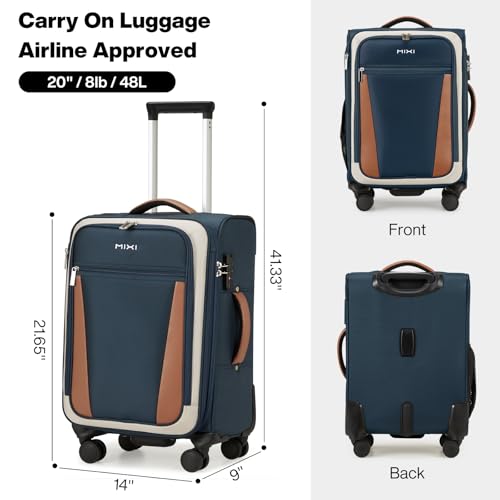 mixi Valise à main extensible de 20 pouces avec poche avant, valises de voyage légères à roulettes approuvées par les compagnies aériennes 22x14x9 avec roulettes et TSA (bleu foncé-blanc cassé) – Image 6