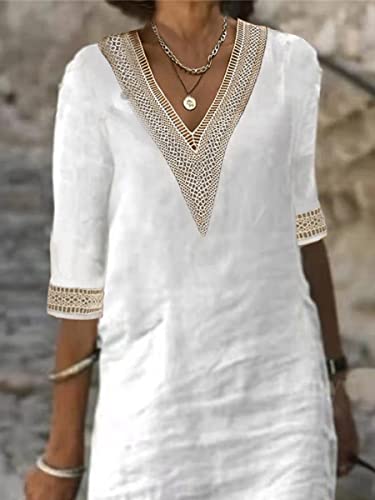 Image of TS Women's Half Sleeve V-Neck Lace Ruffled Summer Dress Casual Ethnic Solid Basic Fashion Mid-Length Gifts