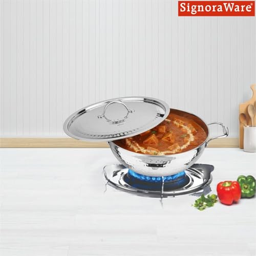 Image of Signoraware Artista Tri Ply Stainless Steel Hammered Shallow Kadhai 24cm with Lid | Gas & Induction Compatible | Stylish Indian Kadhai for Healthy Meal | Ideal for Daily Cooking (2.5 LTR | Steel)