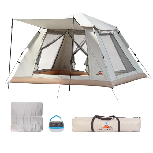 JOTOCRAFT テント ワンタッチテント 3～5人用 簡単設営 UPF50+ 耐水圧3500mm UVカット99% 軽量 【ピックニックマット・ランタン付き】通気 防風 防水 防虫 サンシェード コンパクト収納 アウトドア ファミリー お花見 防災 登山 釣り キャンプ ベージュホワイトの商品画像（Amazon）