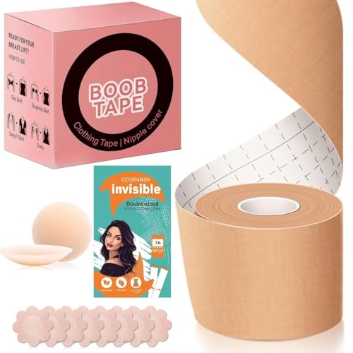 Image of COOFANDY Adhesive Bra Push Up Boob Tape for Large Breasts - With 1 Pair Reusable Invisible Silicone Nipple Covers, 36 Strips Fabric Tape for Women Clothing and Body, Suitable for Breasts A-G Cup Beige