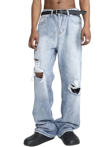 EMMIOL Mens Baggy Jeans Ripped Loose Wide Leg Distressed Jeans Pants Casual Denim Skater Y2k Vintage Streetwear 90s - Main Image
