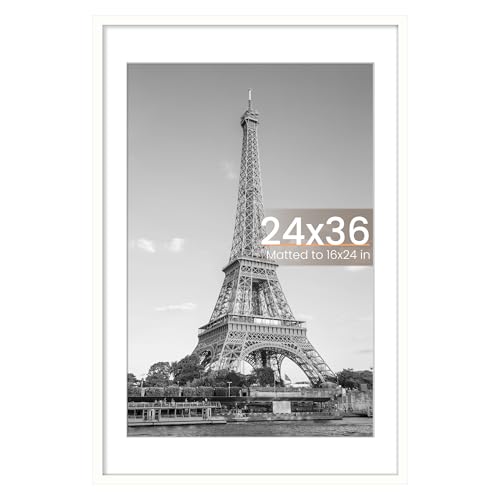 Image of upsimples 24x36 Poster Frame, Display Pictures 20x30 with Mat or 24x36 Without Mat, Wall Hanging Picture Frame, White, 1 Pack