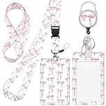 Cute Lanyard with Card Holder,Pink Cherry ID Card Holder Retractable,Sliding Detachable Teacher Lanyards,Id Badge Holder for Teacher Nurse Student Office Use (Pink Bows)