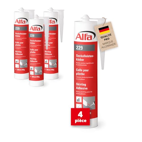 229 ALFA - Colle pour plinthes avec pouvoir fixant de 130 kg/m², lot de 4 tubes, remplit les joints, colle pâteuse et particulièrement fixante