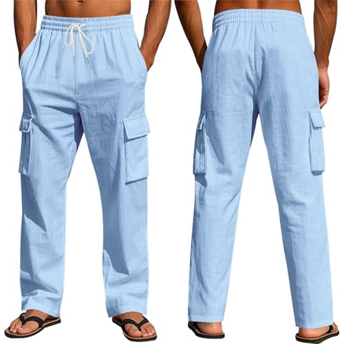 Linen Cargo Pants Men Baggy Casual Lightweight Drawstring Elastic Waist Pants Summer Big and Tall Beach Trousers2