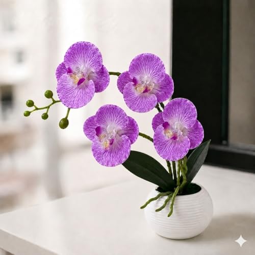 Image of CURATED CART Flower Pot with Artificial Flowers - Orchid Purple Flower with White Vase | Ideal for Home Decor | Office Decor | Gifting | Size 36 x 9cm